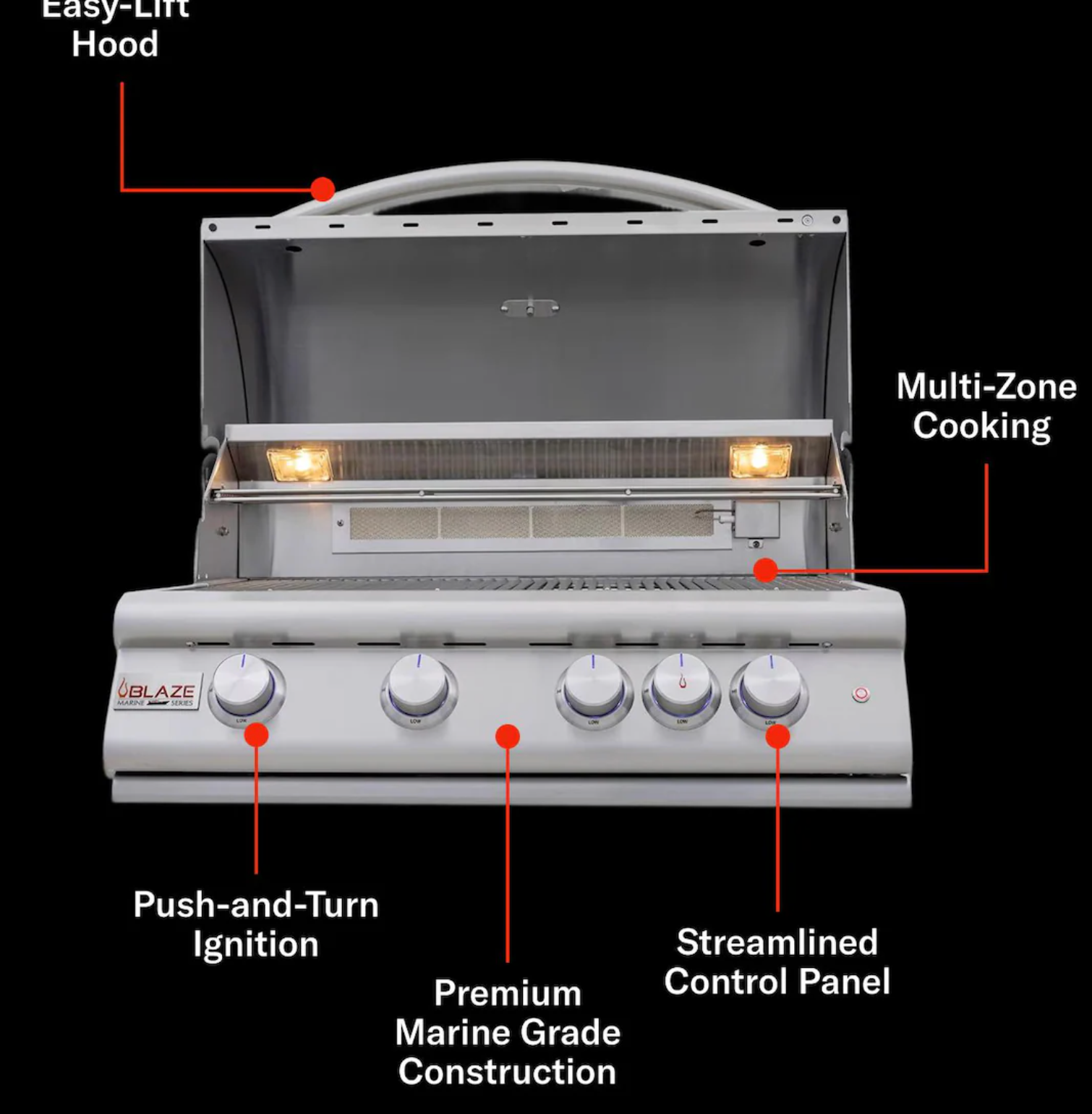 Blaze LTE+ Marine Grade 32" 4-Burner Built-In w/ Lift-Assist Hood & Rear Infrared Burner